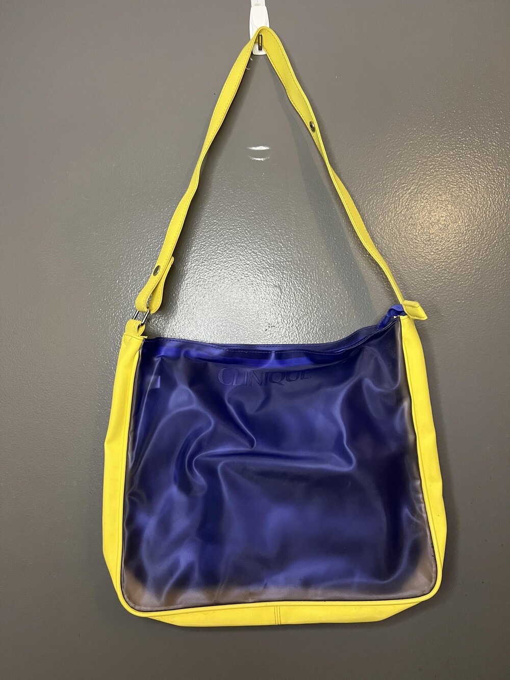 Clinique Shoulder Bag Womens One Size Yellow Blue Vinyl Tote Purse Logo Cosmetic